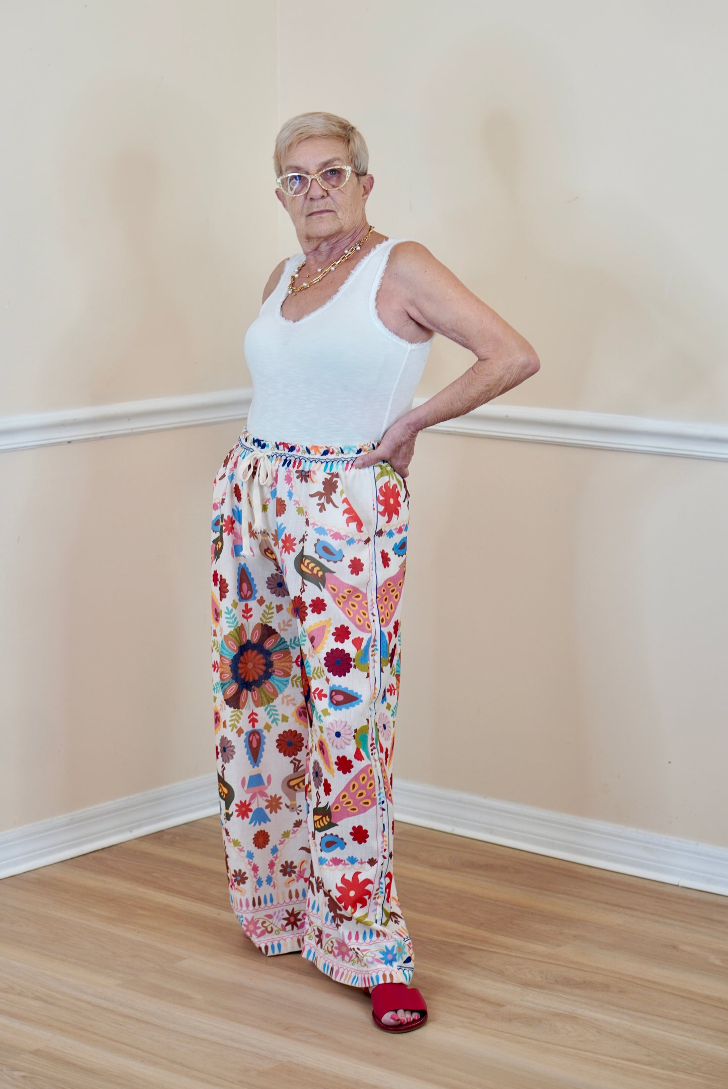 Vibrant Peacock & Floral Cotton-Linen Pants