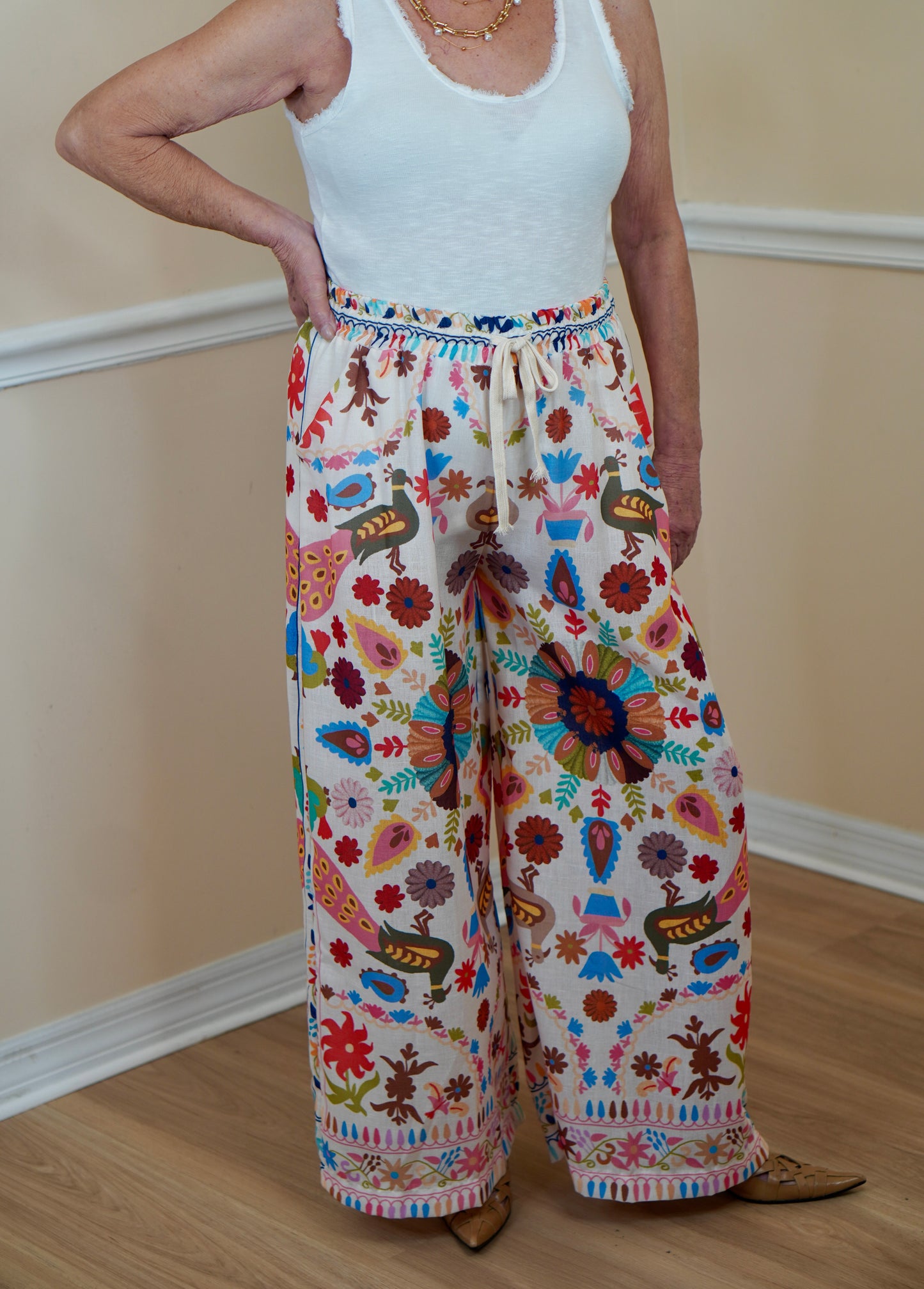 Vibrant Peacock & Floral Cotton-Linen Pants