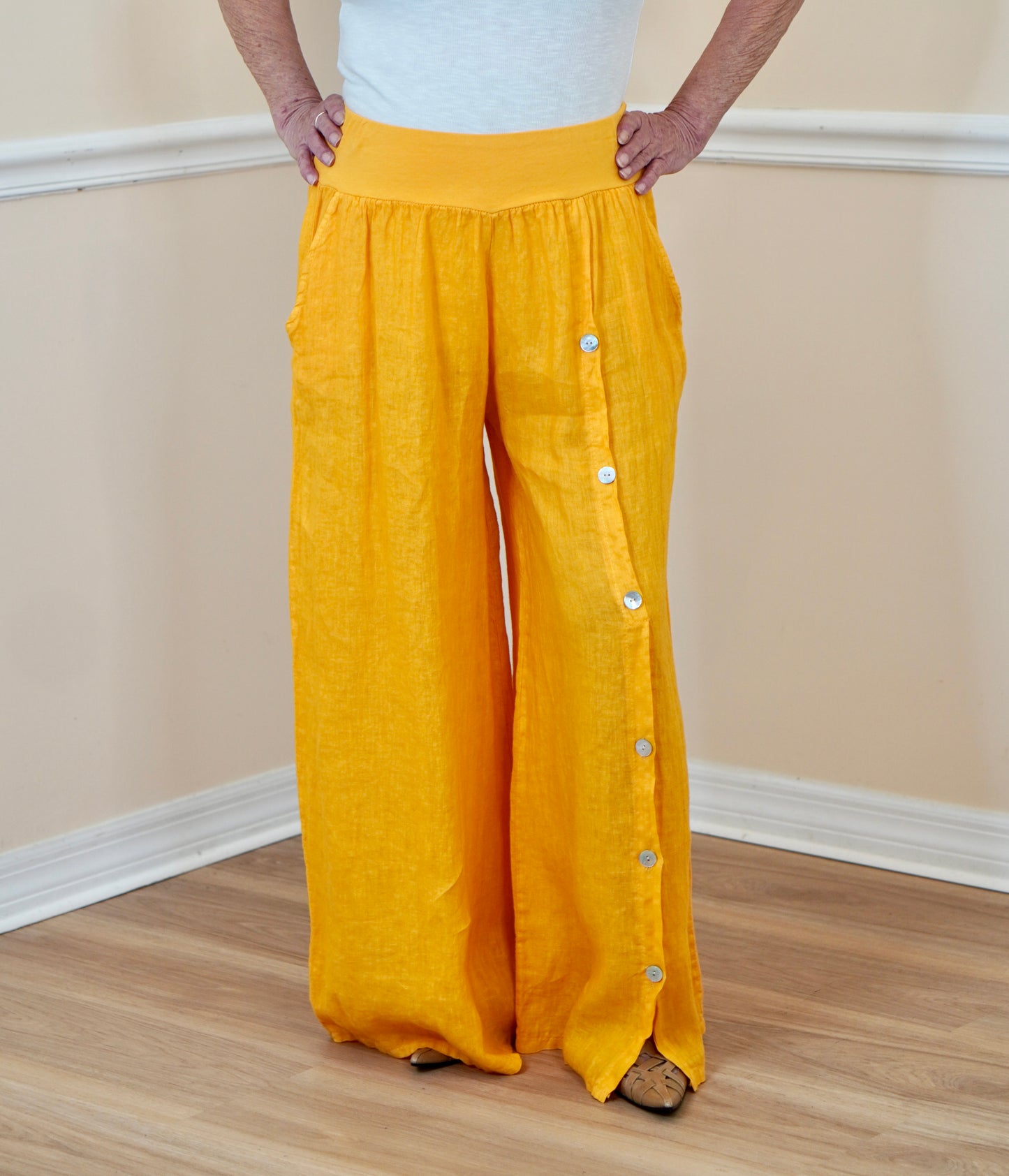 Yellow Linen Wide-Leg Pants