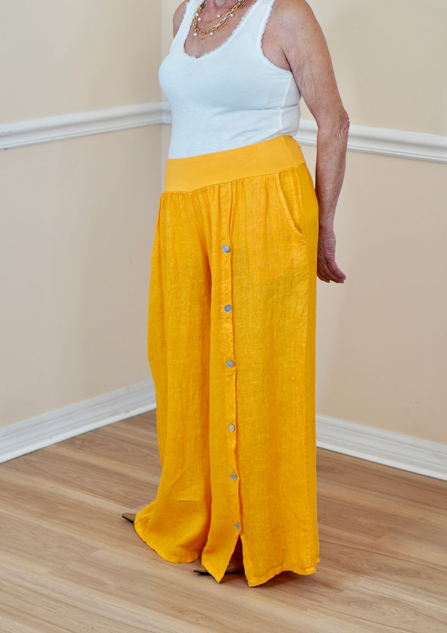 Yellow Linen Wide-Leg Pants