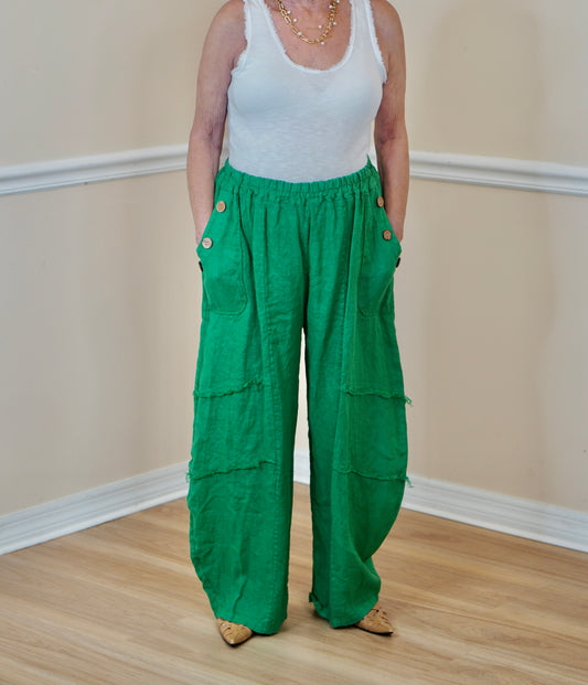 Green Linen Wide-Leg Pants