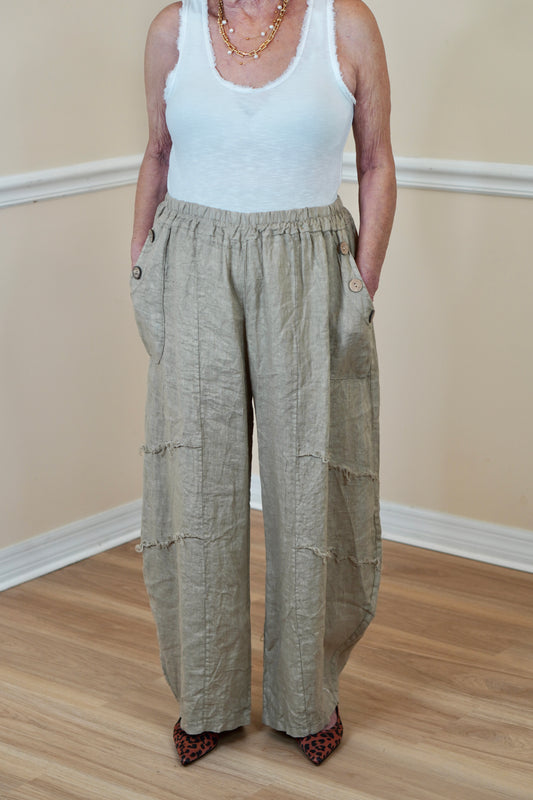 Beige Linen Wide-Leg Pants