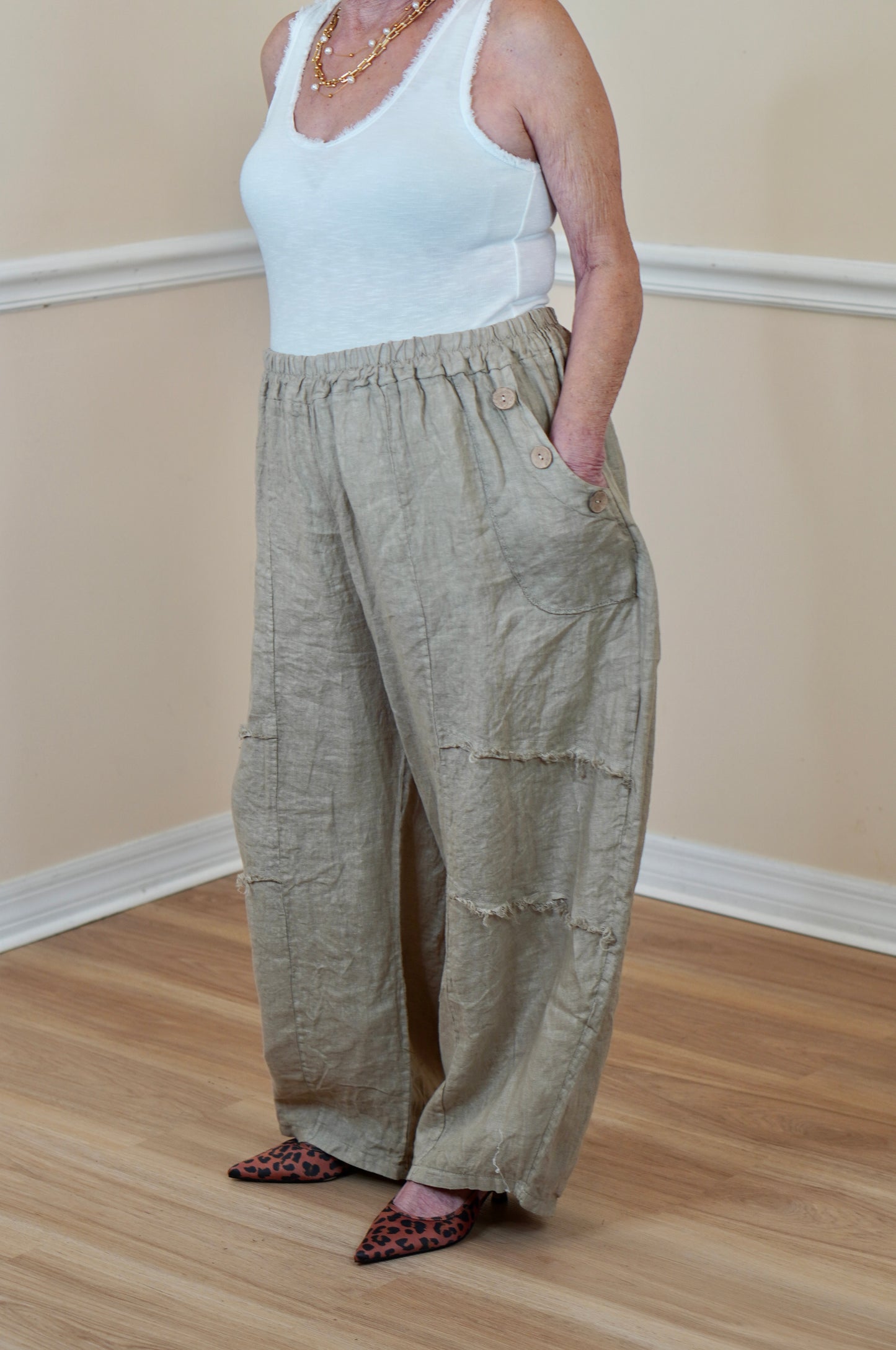 Beige Linen Wide-Leg Pants