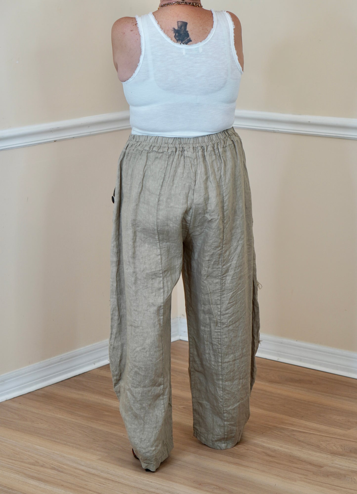 Beige Linen Wide-Leg Pants