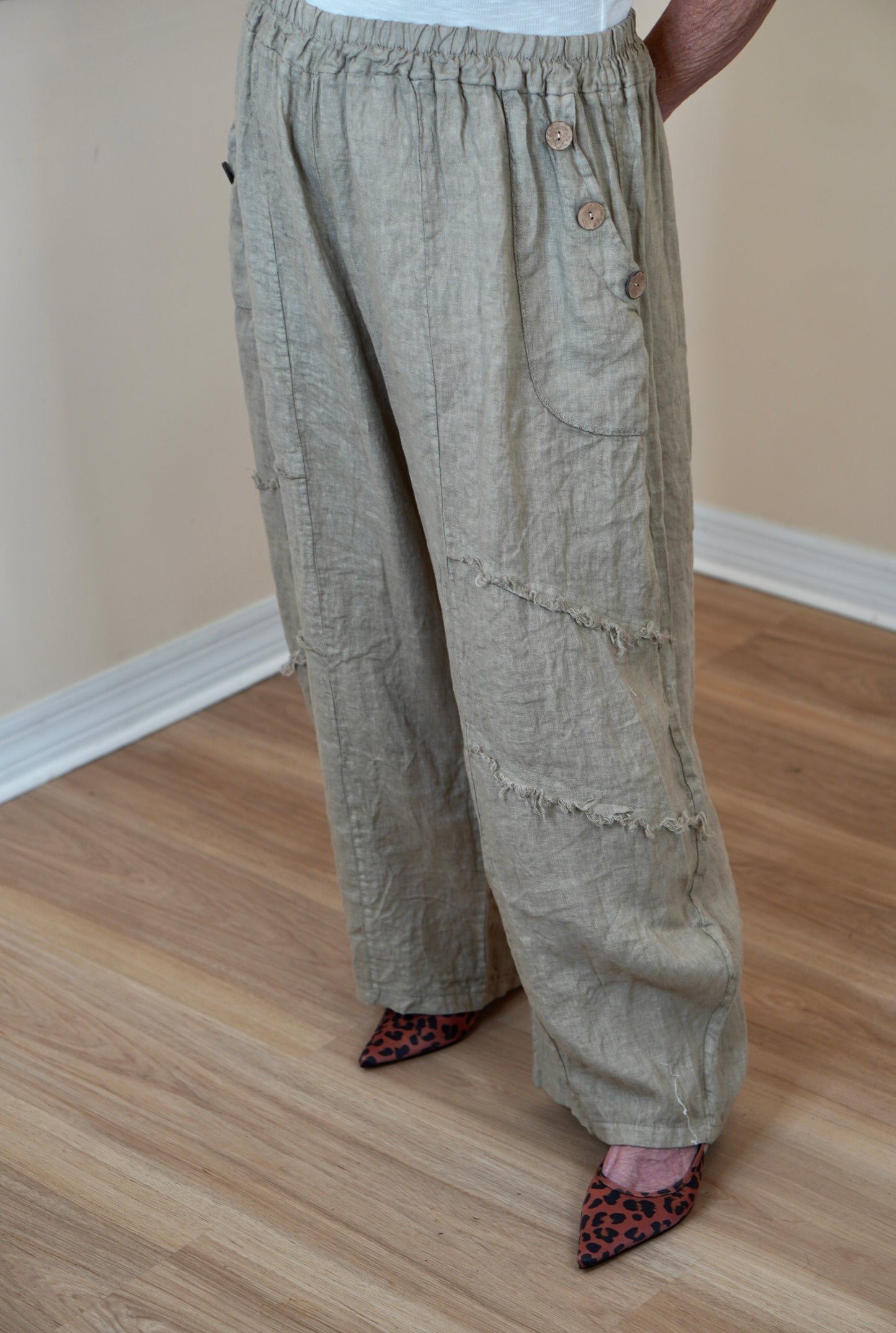 Beige Linen Wide-Leg Pants