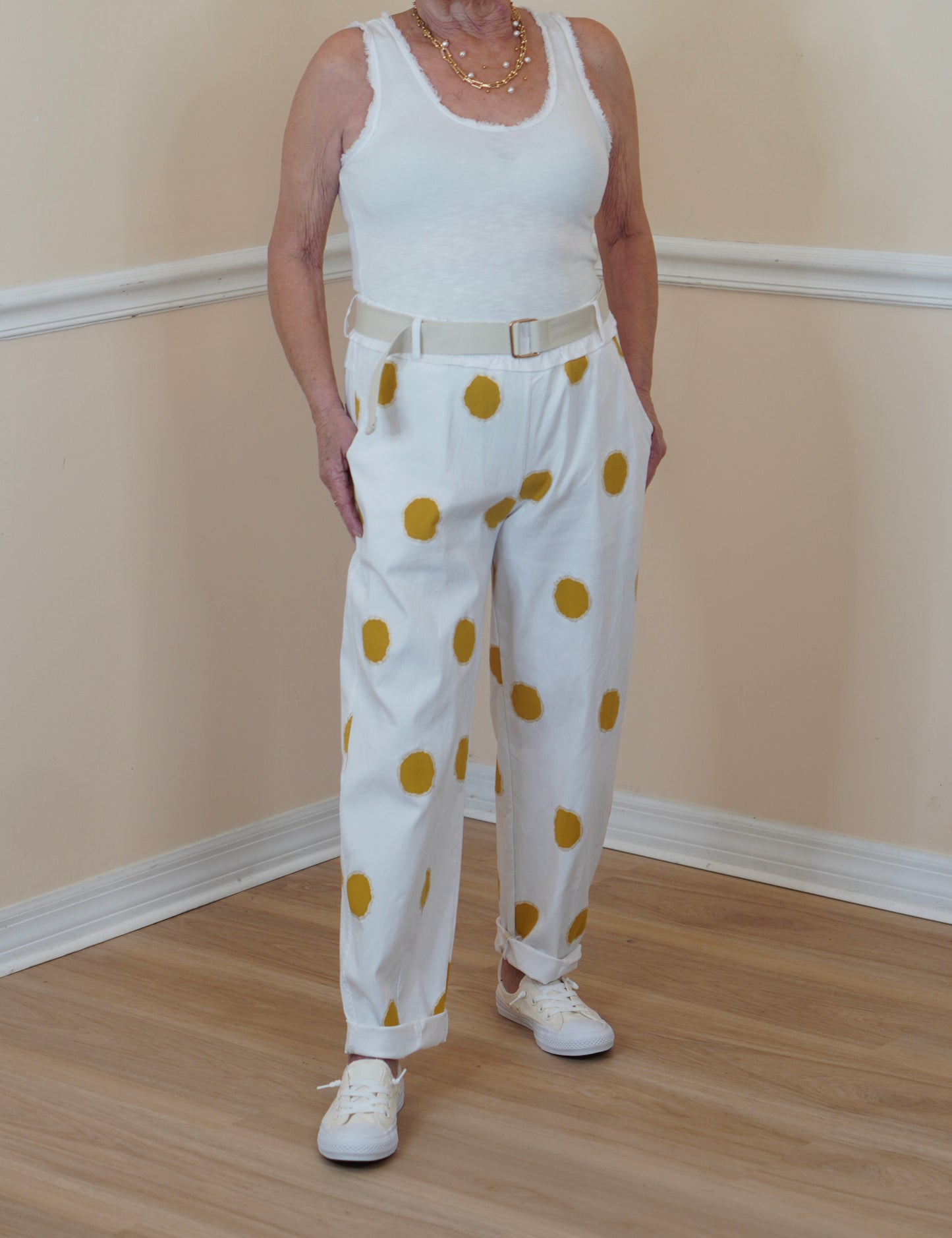 Gold Polka Dot Cotton-Spandex Straight-Leg Pants