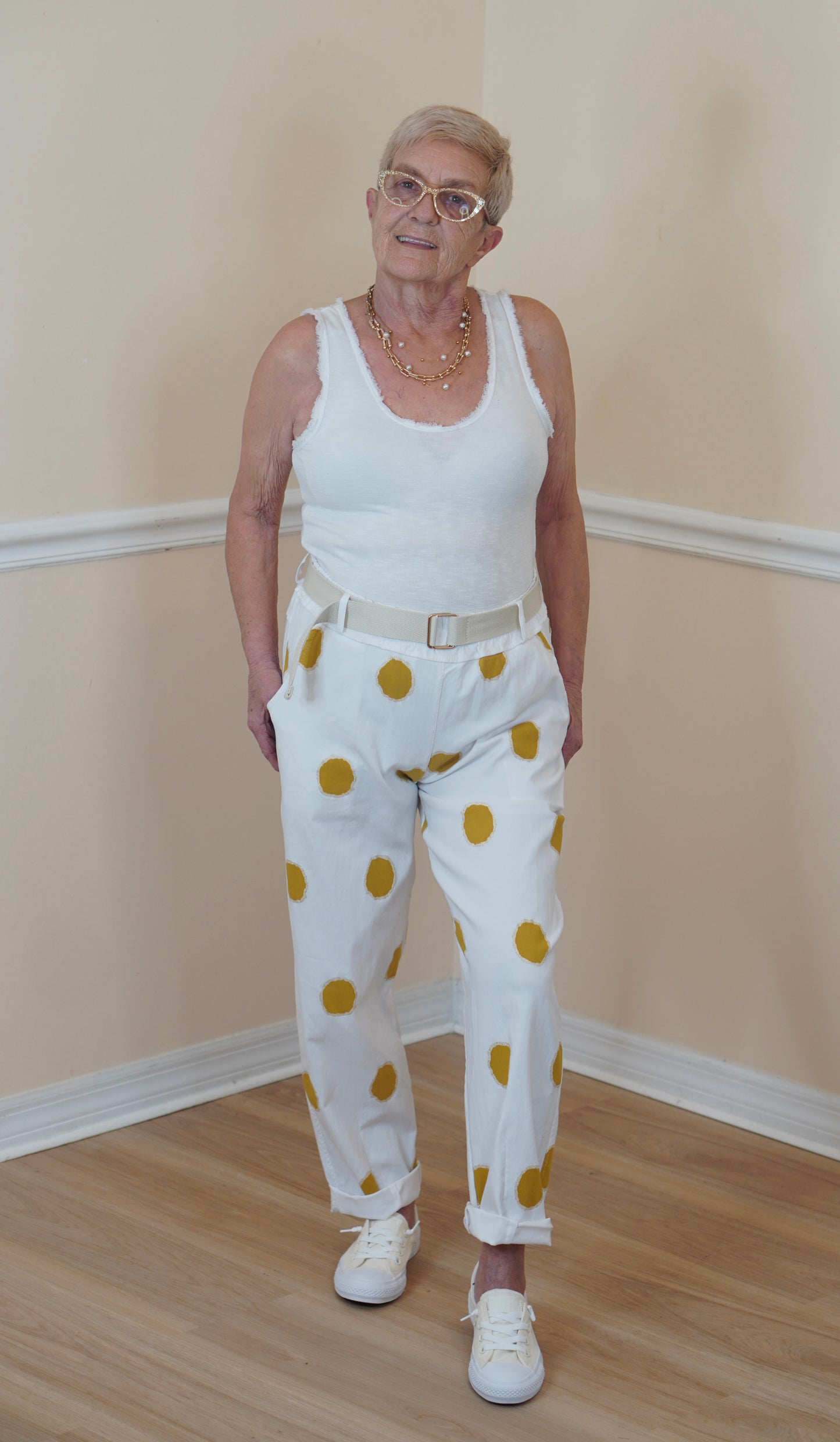 Gold Polka Dot Cotton-Spandex Straight-Leg Pants