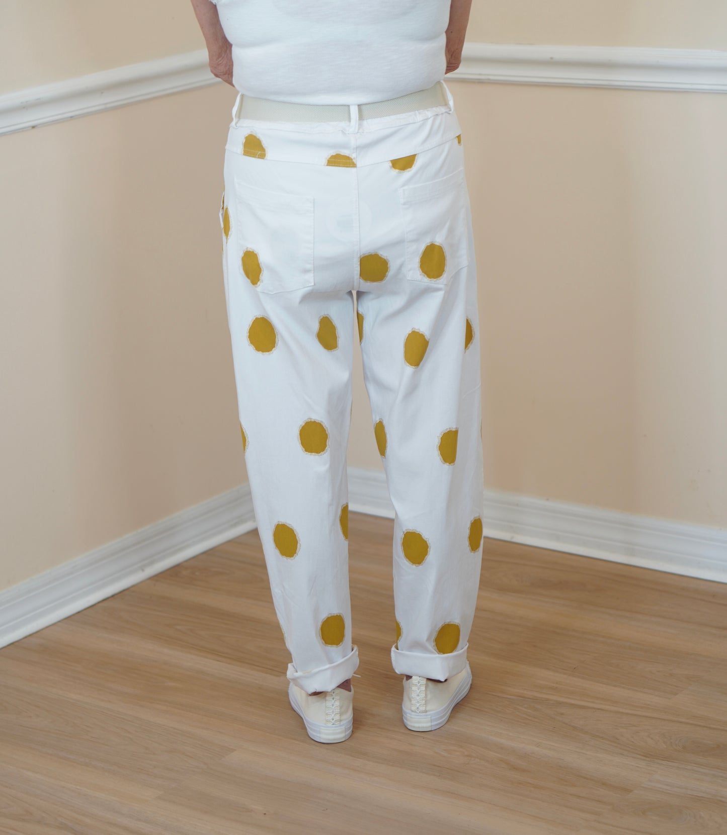 Gold Polka Dot Cotton-Spandex Straight-Leg Pants