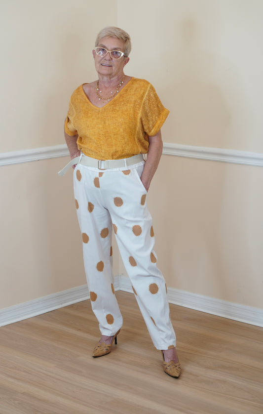 Bronze Polka Dot Cotton-Spandex Straight-Leg Pants