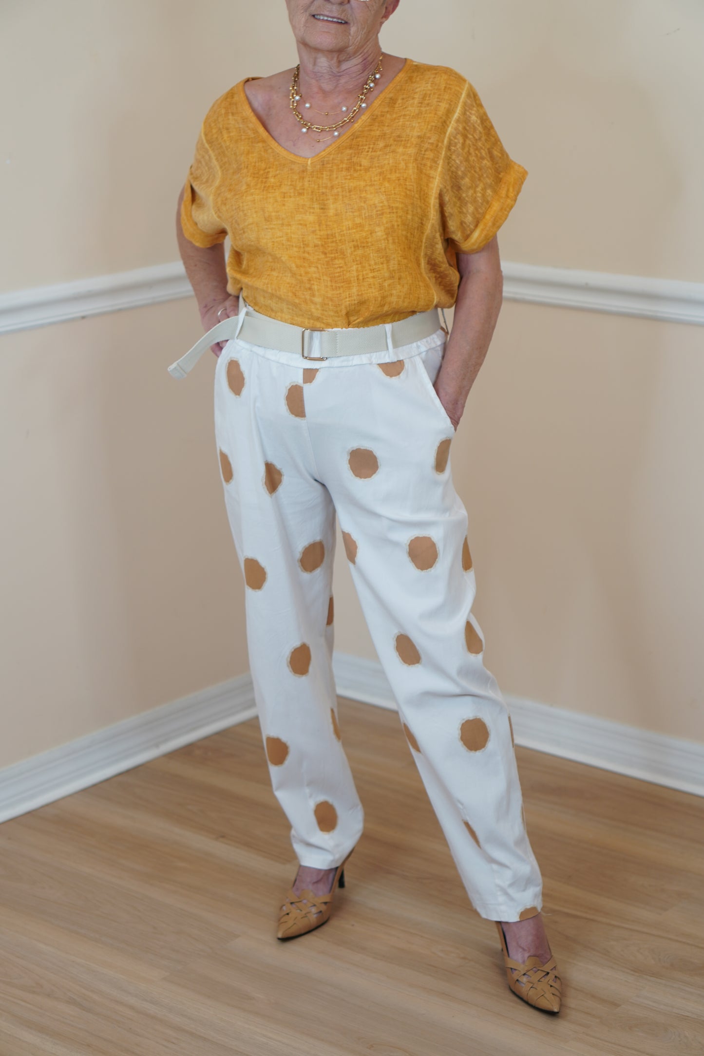 Bronze Polka Dot Cotton-Spandex Straight-Leg Pants