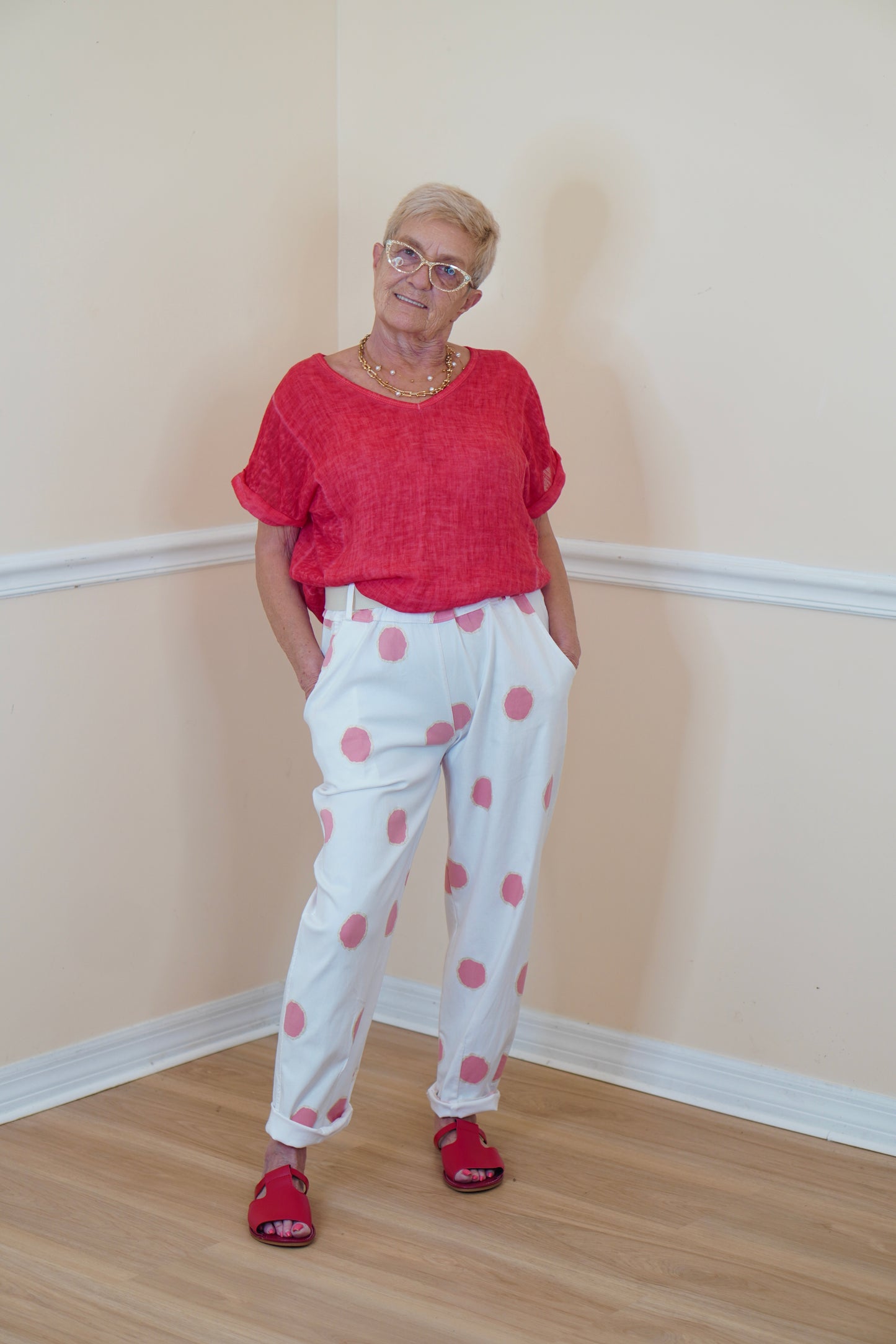 Pink Polka Dot Cotton-Spandex Straight-Leg Pants