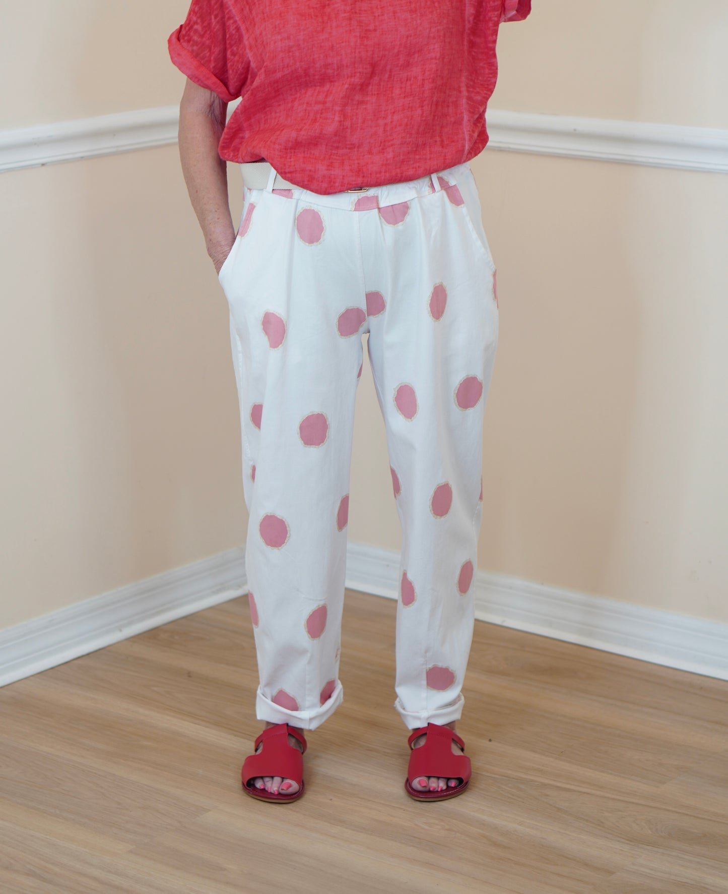 Pink Polka Dot Cotton-Spandex Straight-Leg Pants