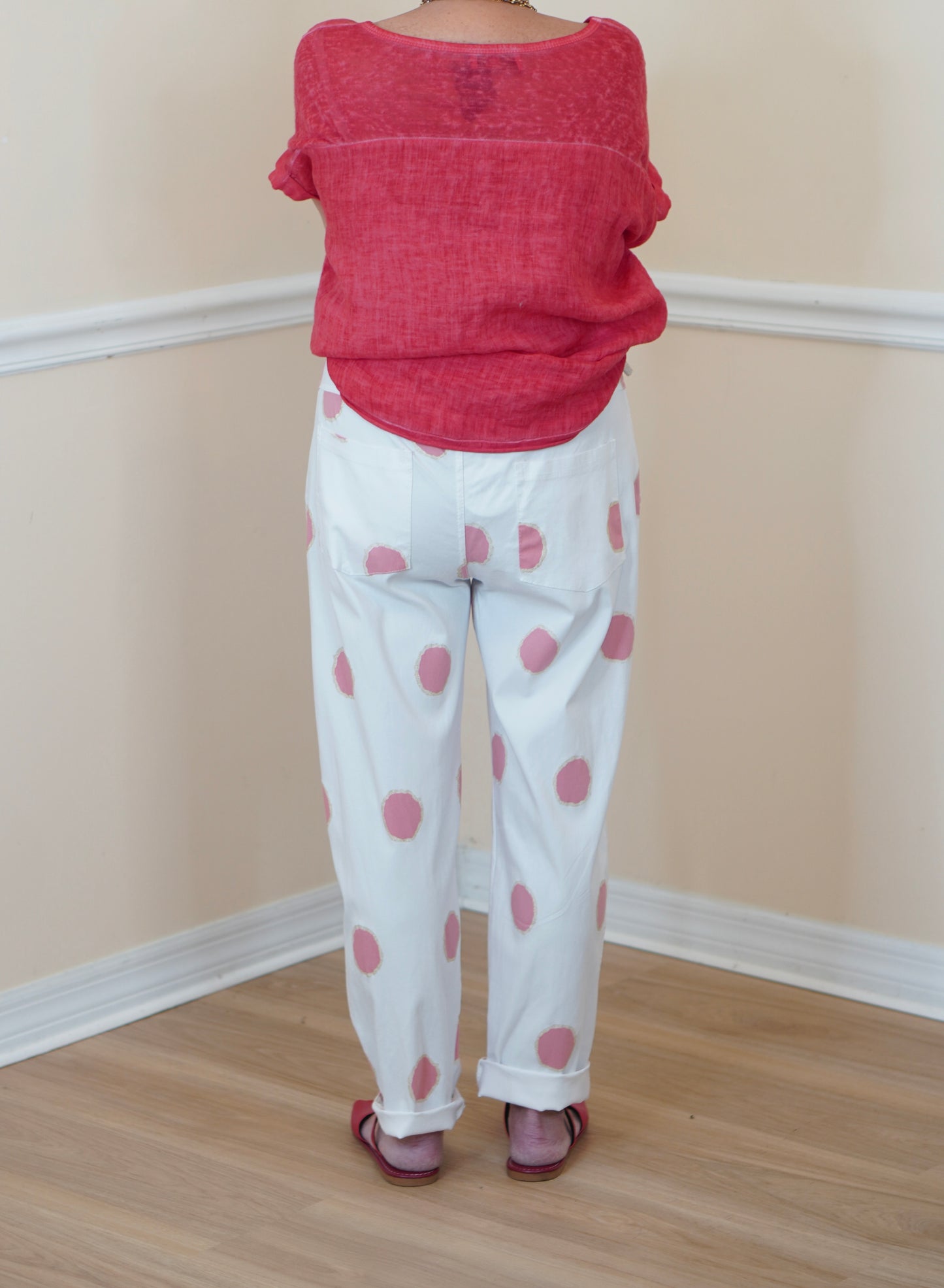 Pink Polka Dot Cotton-Spandex Straight-Leg Pants