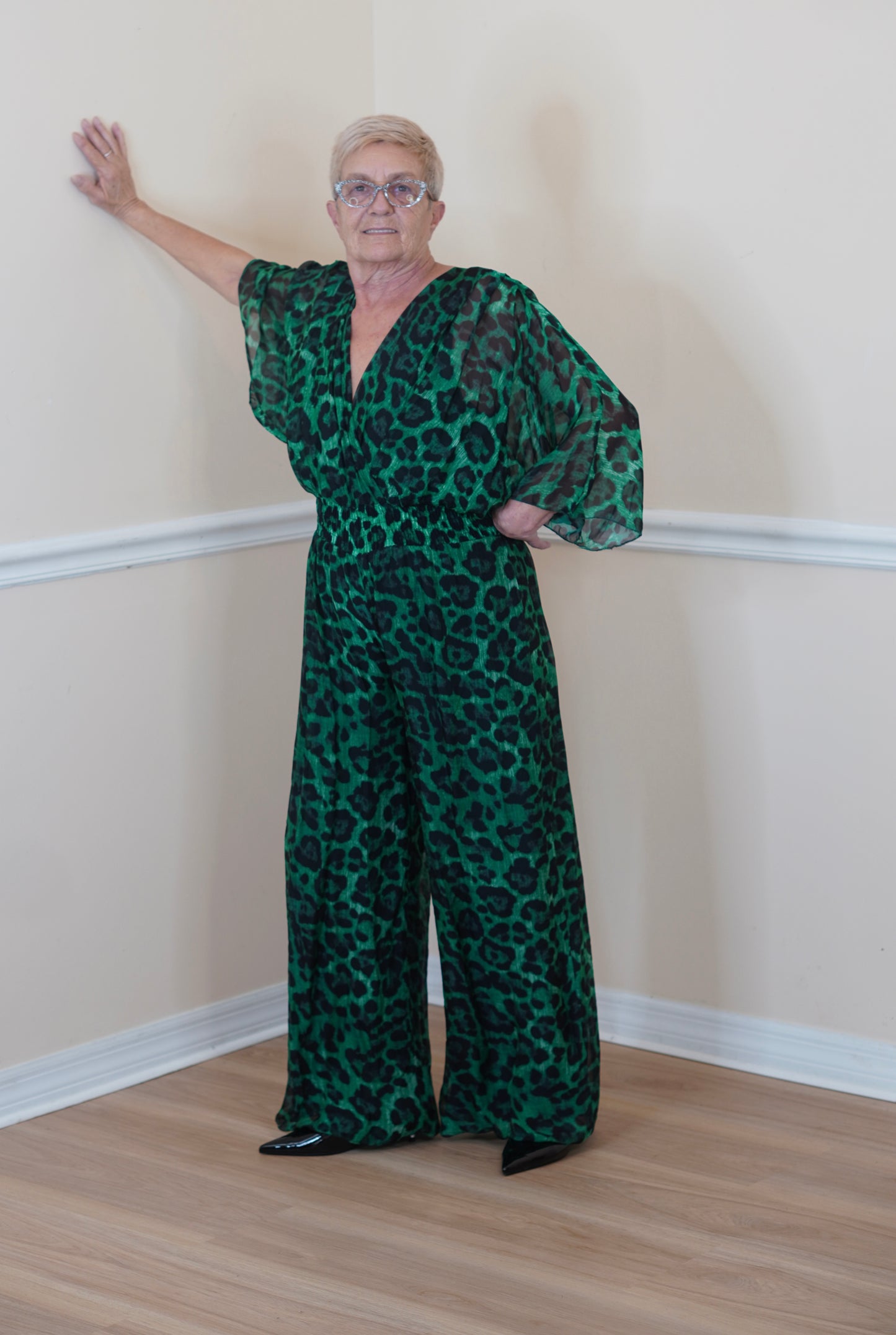 Green Cheetah Design Wide-Sleeve Jumpsuit