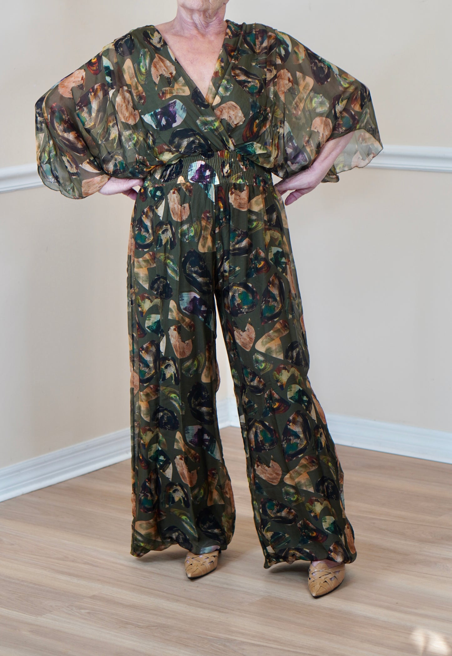 Olive Green  Gem Design Wide-Sleeve Jumpsuit