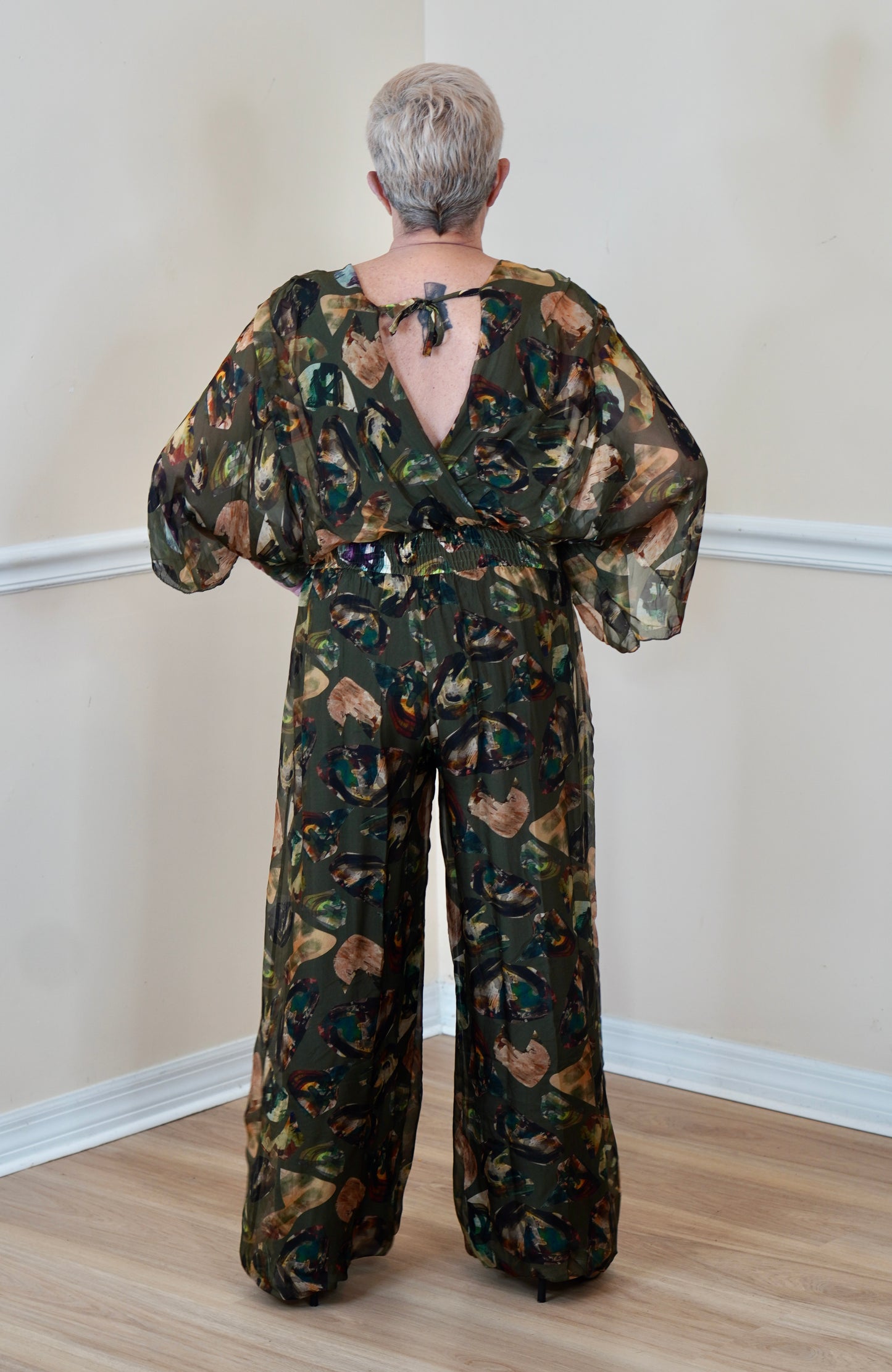 Olive Green  Gem Design Wide-Sleeve Jumpsuit